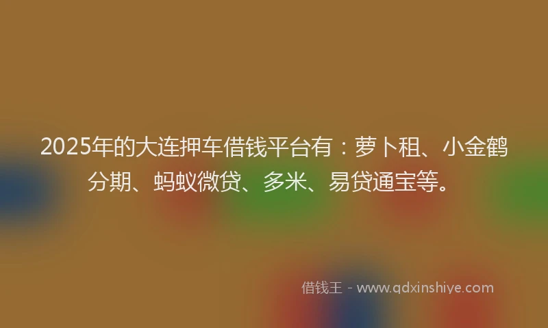 2025年的大连押车借钱平台有:萝卜租、小金鹤分期、蚂蚁微贷、多米、易贷通宝等。