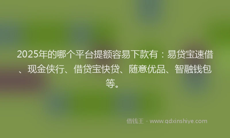 2025年的哪个平台提额容易下款有：易贷宝速借、现金侠行、借贷宝快贷、随意优品、智融钱包等。