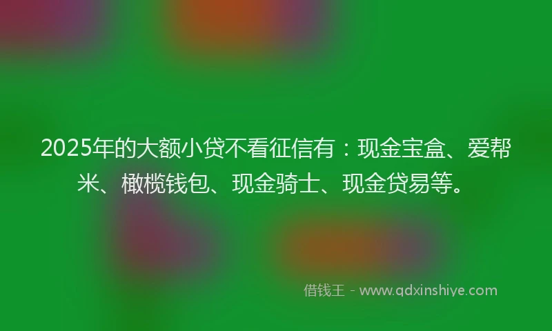 2025年的大额小贷不看征信有：现金宝盒、爱帮米、橄榄钱包、现金骑士、现金贷易等。