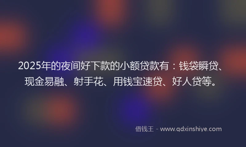 2025年的夜间好下款的小额贷款有：钱袋瞬贷、现金易融、射手花、用钱宝速贷、好人贷等。