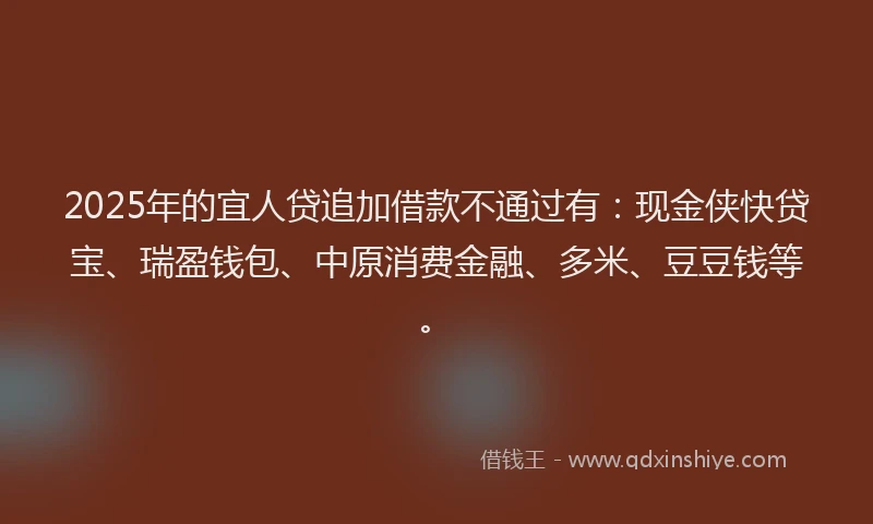 2025年的宜人贷追加借款不通过有：现金侠快贷宝、瑞盈钱包、中原消费金融、多米、豆豆钱等。