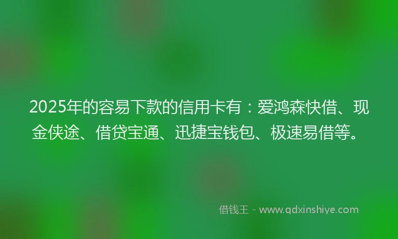 2025年的容易下款的信用卡有：爱鸿森快借、现金侠途、借贷宝通、迅捷宝钱包、极速易借等。