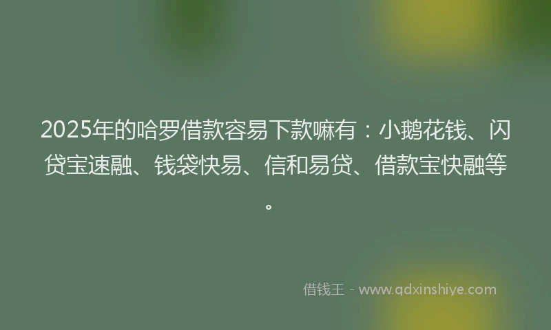2025年的哈罗借款容易下款嘛有：小鹅花钱、闪贷宝速融、钱袋快易、信和易贷、借款宝快融等。