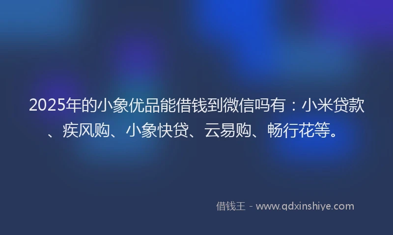 2025年的小象优品能借钱到微信吗有：小米贷款、疾风购、小象快贷、云易购、畅行花等。