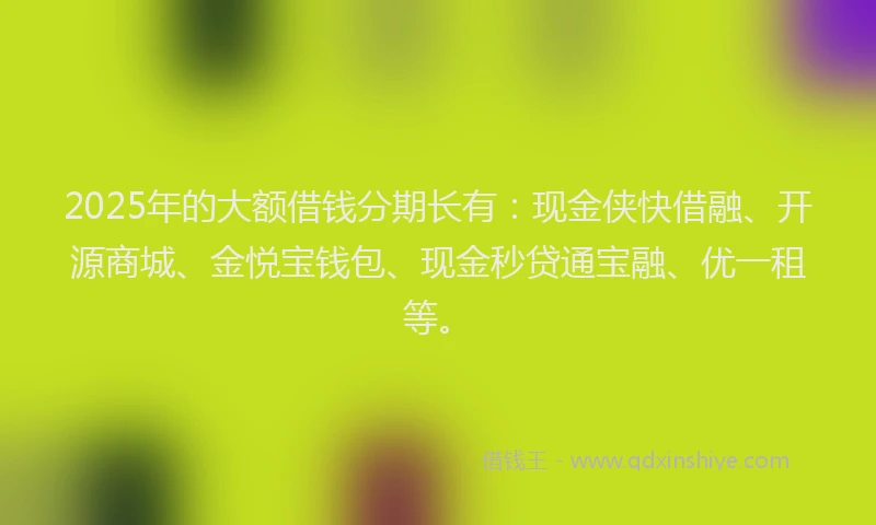 2025年的大额借钱分期长有：现金侠快借融、开源商城、金悦宝钱包、现金秒贷通宝融、优一租等。