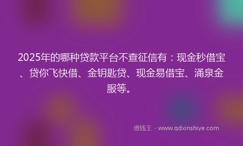 2025年的哪种贷款平台不查征信有：现金秒借宝、贷你飞快借、金钥匙贷、现金易借宝、涌泉金服等。