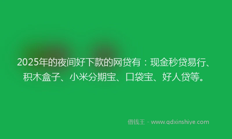 2025年的夜间好下款的网贷有：现金秒贷易行、积木盒子、小米分期宝、口袋宝、好人贷等。
