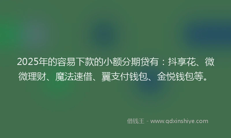 2025年的容易下款的小额分期贷有：抖享花、微微理财、魔法速借、翼支付钱包、金悦钱包等。