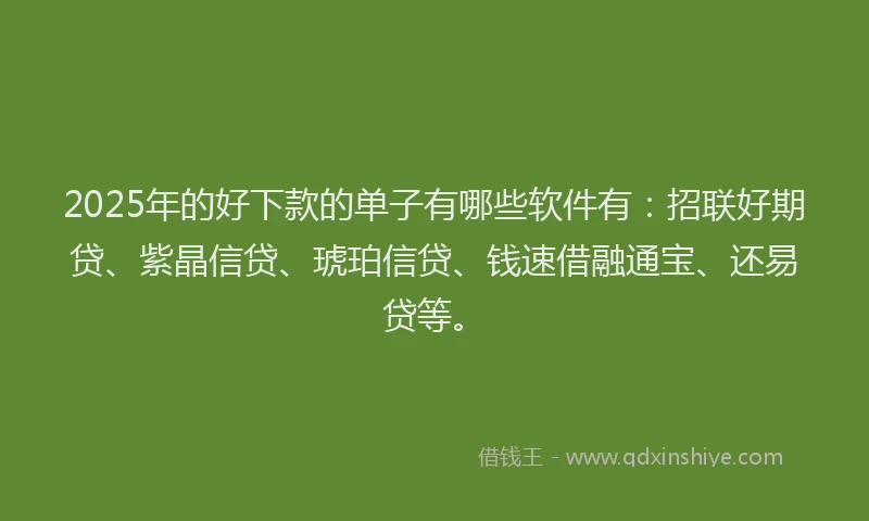 2025年的好下款的单子有哪些软件有：招联好期贷、紫晶信贷、琥珀信贷、钱速借融通宝、还易贷等。