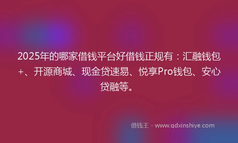 2025年的哪家借钱平台好借钱正规有：汇融钱包+、开源商城、现金贷速易、悦享Pro钱包、安心贷融等。