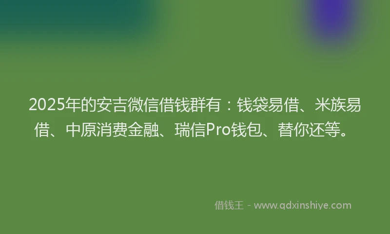 2025年的安吉微信借钱群有：钱袋易借、米族易借、中原消费金融、瑞信Pro钱包、替你还等。