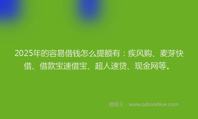 2025年的容易借钱怎么提额有：疾风购、麦芽快借、借款宝速借宝、超人速贷、现金网等。