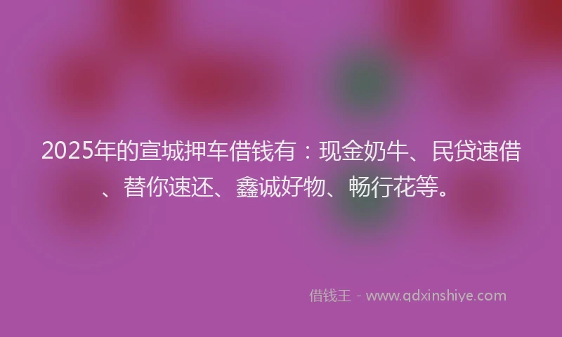 2025年的宣城押车借钱有：现金奶牛、民贷速借、替你速还、鑫诚好物、畅行花等。