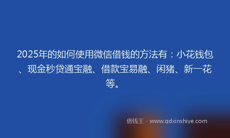 2025年的如何使用微信借钱的方法有：小花钱包、现金秒贷通宝融、借款宝易融、闲猪、新一花等。