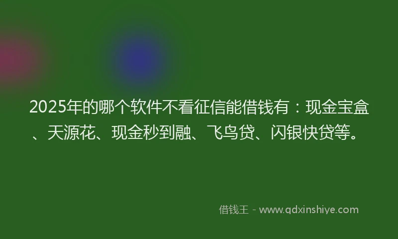 2025年的哪个软件不看征信能借钱有：现金宝盒、天源花、现金秒到融、飞鸟贷、闪银快贷等。