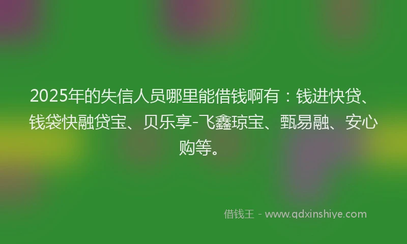 2025年的失信人员哪里能借钱啊有：钱进快贷、钱袋快融贷宝、贝乐享-飞鑫琼宝、甄易融、安心购等。