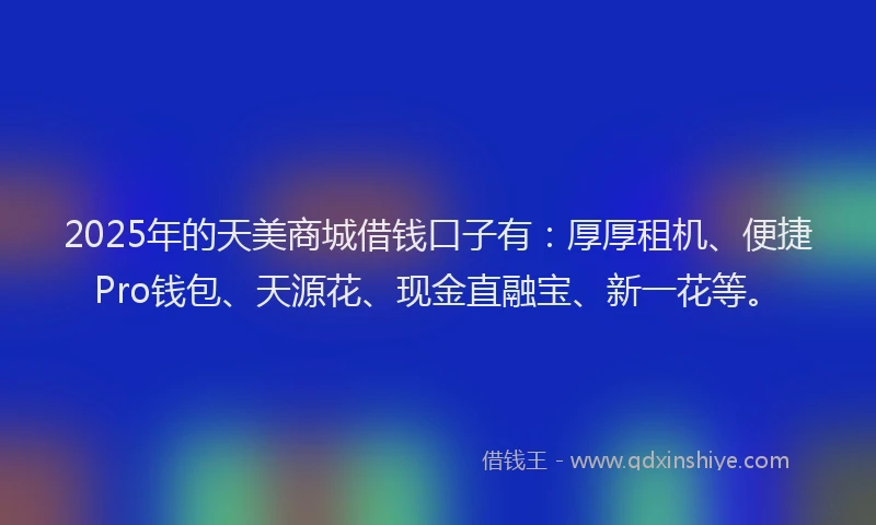 2025年的天美商城借钱口子有：厚厚租机、便捷Pro钱包、天源花、现金直融宝、新一花等。