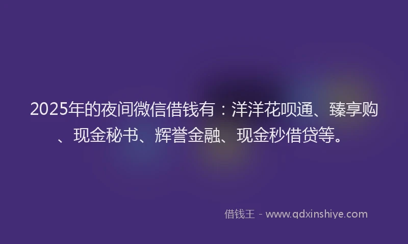 2025年的夜间微信借钱有：洋洋花呗通、臻享购、现金秘书、辉誉金融、现金秒借贷等。