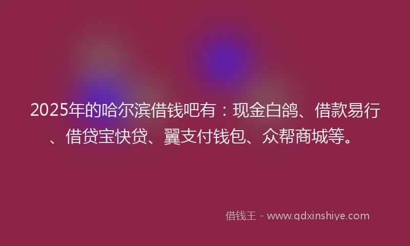 2025年的哈尔滨借钱吧有：现金白鸽、借款易行、借贷宝快贷、翼支付钱包、众帮商城等。