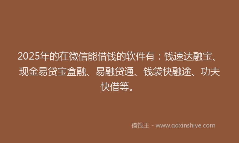 2025年的在微信能借钱的软件有：钱速达融宝、现金易贷宝盒融、易融贷通、钱袋快融途、功夫快借等。
