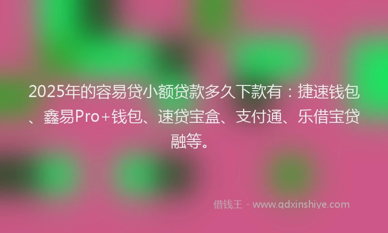 2025年的容易贷小额贷款多久下款有：捷速钱包、鑫易Pro+钱包、速贷宝盒、支付通、乐借宝贷融等。