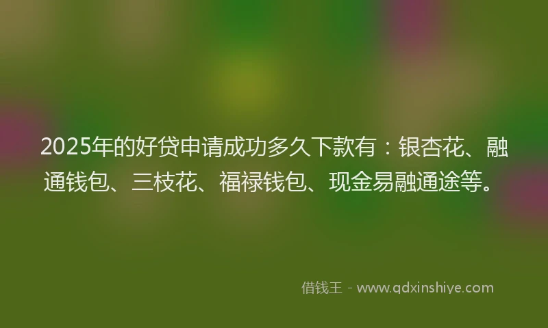 2025年的好贷申请成功多久下款有：银杏花、融通钱包、三枝花、福禄钱包、现金易融通途等。