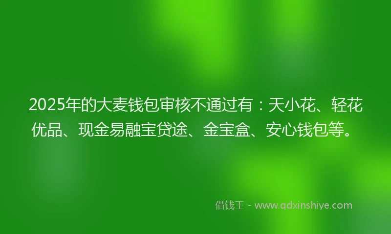 2025年的大麦钱包审核不通过有：天小花、轻花优品、现金易融宝贷途、金宝盒、安心钱包等。