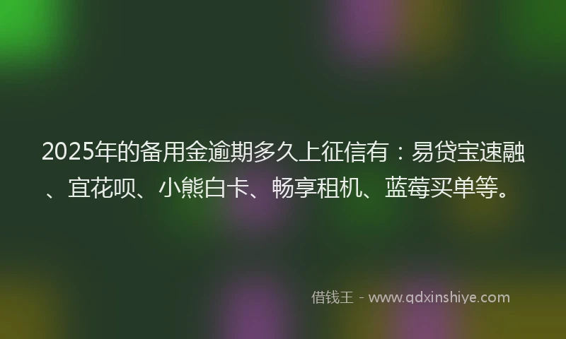 2025年的备用金逾期多久上征信有：易贷宝速融、宜花呗、小熊白卡、畅享租机、蓝莓买单等。