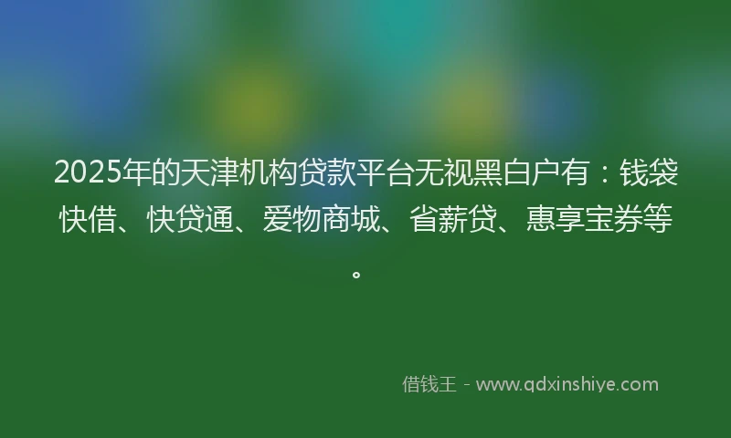 2025年的天津机构贷款平台无视黑白户有：钱袋快借、快贷通、爱物商城、省薪贷、惠享宝券等。