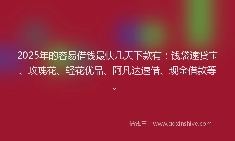 2025年的容易借钱最快几天下款有：钱袋速贷宝、玫瑰花、轻花优品、阿凡达速借、现金借款等。