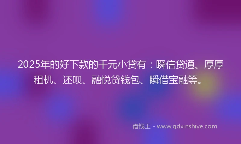 2025年的好下款的千元小贷有：瞬信贷通、厚厚租机、还呗、融悦贷钱包、瞬借宝融等。