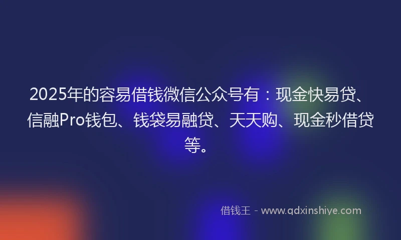2025年的容易借钱微信公众号有：现金快易贷、信融Pro钱包、钱袋易融贷、天天购、现金秒借贷等。