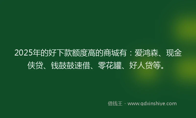 2025年的好下款额度高的商城有：爱鸿森、现金侠贷、钱鼓鼓速借、零花罐、好人贷等。