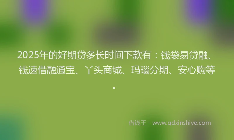 2025年的好期贷多长时间下款有：钱袋易贷融、钱速借融通宝、丫头商城、玛瑙分期、安心购等。