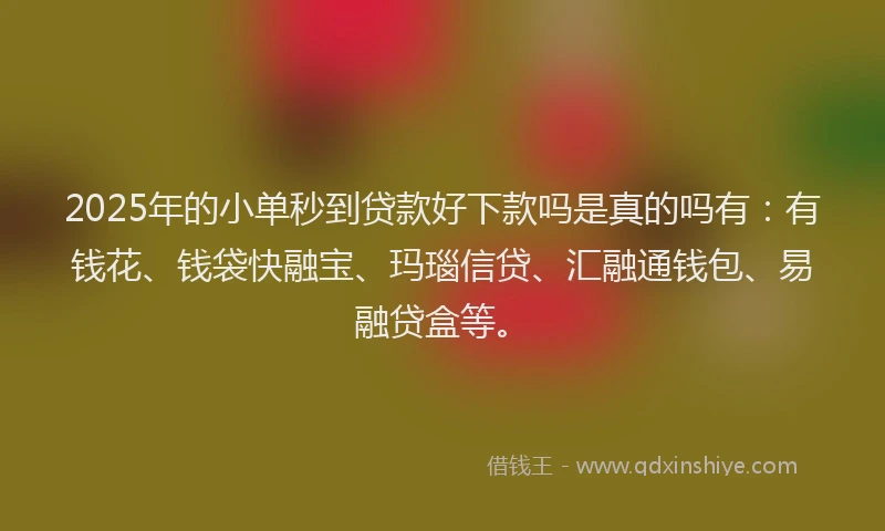 2025年的小单秒到贷款好下款吗是真的吗有：有钱花、钱袋快融宝、玛瑙信贷、汇融通钱包、易融贷盒等。