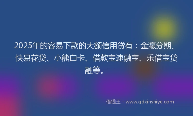 2025年的容易下款的大额信用贷有：金瀛分期、快易花贷、小熊白卡、借款宝速融宝、乐借宝贷融等。