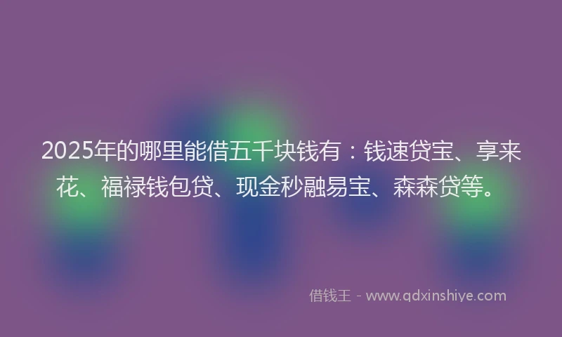 2025年的哪里能借五千块钱有：钱速贷宝、享来花、福禄钱包贷、现金秒融易宝、森森贷等。
