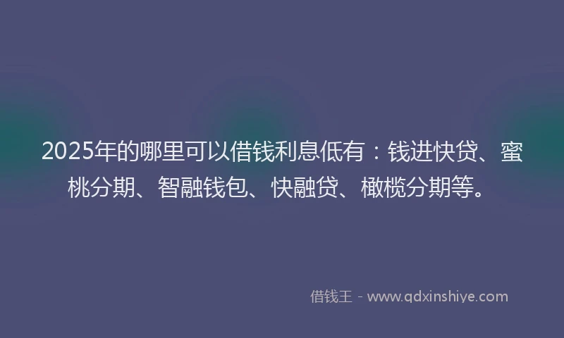2025年的哪里可以借钱利息低有：钱进快贷、蜜桃分期、智融钱包、快融贷、橄榄分期等。