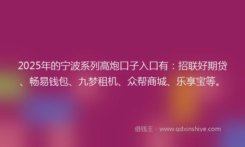 2025年的宁波系列高炮口子入口有：招联好期贷、畅易钱包、九梦租机、众帮商城、乐享宝等。