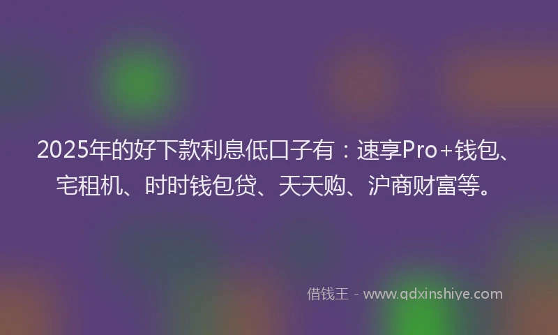 2025年的好下款利息低口子有：速享Pro+钱包、宅租机、时时钱包贷、天天购、沪商财富等。