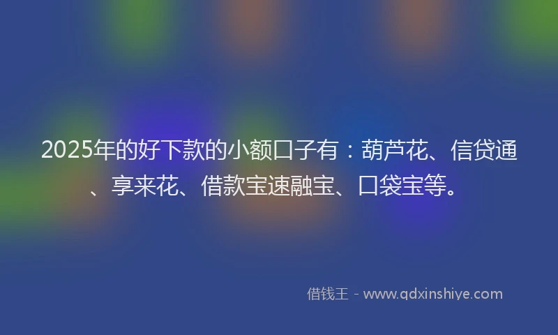2025年的好下款的小额口子有：葫芦花、信贷通、享来花、借款宝速融宝、口袋宝等。