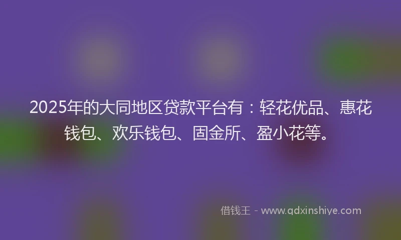 2025年的大同地区贷款平台有：轻花优品、惠花钱包、欢乐钱包、固金所、盈小花等。