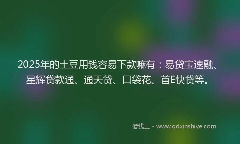 2025年的土豆用钱容易下款嘛有：易贷宝速融、星辉贷款通、通天贷、口袋花、首E快贷等。