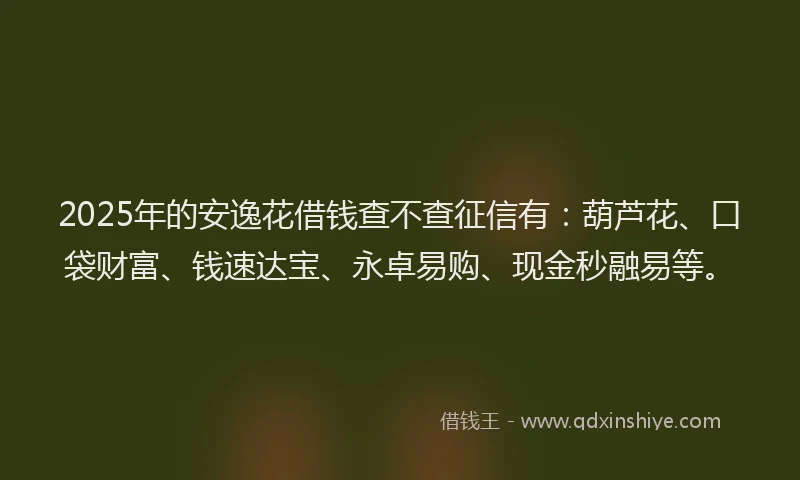 2025年的安逸花借钱查不查征信有：葫芦花、口袋财富、钱速达宝、永卓易购、现金秒融易等。