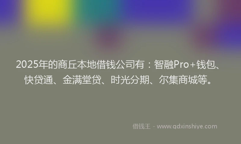 2025年的商丘本地借钱公司有：智融Pro+钱包、快贷通、金满堂贷、时光分期、尔集商城等。