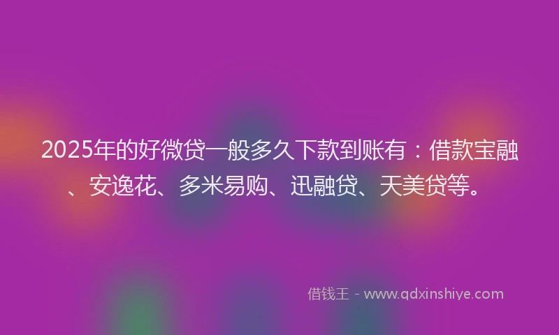 2025年的好微贷一般多久下款到账有：借款宝融、安逸花、多米易购、迅融贷、天美贷等。