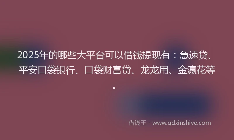 2025年的哪些大平台可以借钱提现有：急速贷、平安口袋银行、口袋财富贷、龙龙用、金瀛花等。