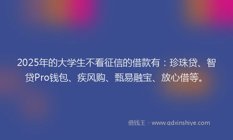 2025年的大学生不看征信的借款有：珍珠贷、智贷Pro钱包、疾风购、甄易融宝、放心借等。