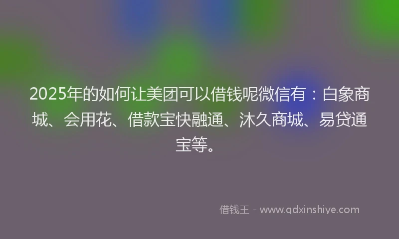 2025年的如何让美团可以借钱呢微信有：白象商城、会用花、借款宝快融通、沐久商城、易贷通宝等。