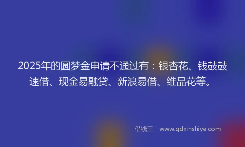 2025年的圆梦金申请不通过有：银杏花、钱鼓鼓速借、现金易融贷、新浪易借、维品花等。